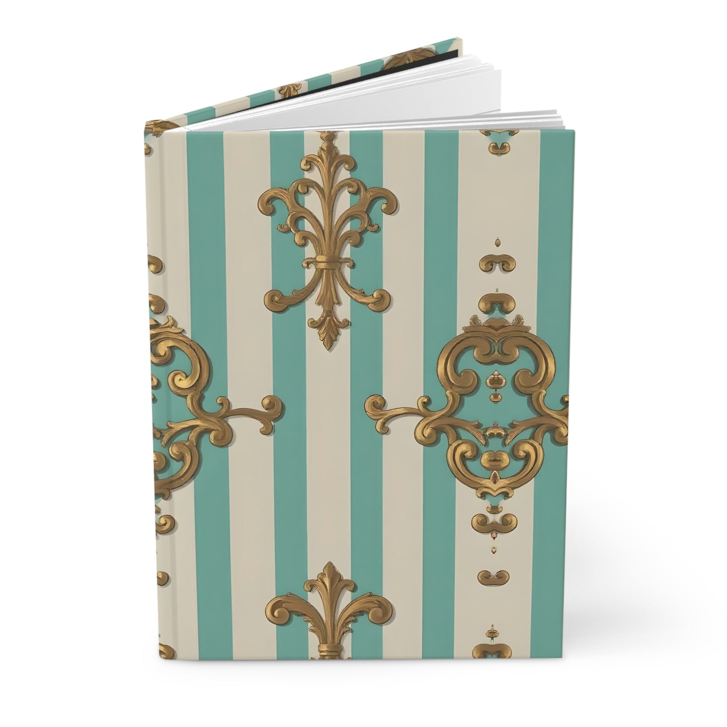 Elegant Striped Hardcover Journal - Floral Design, Vintage Style Notebook, Gift for Writers - Matte Green Striped Rococo