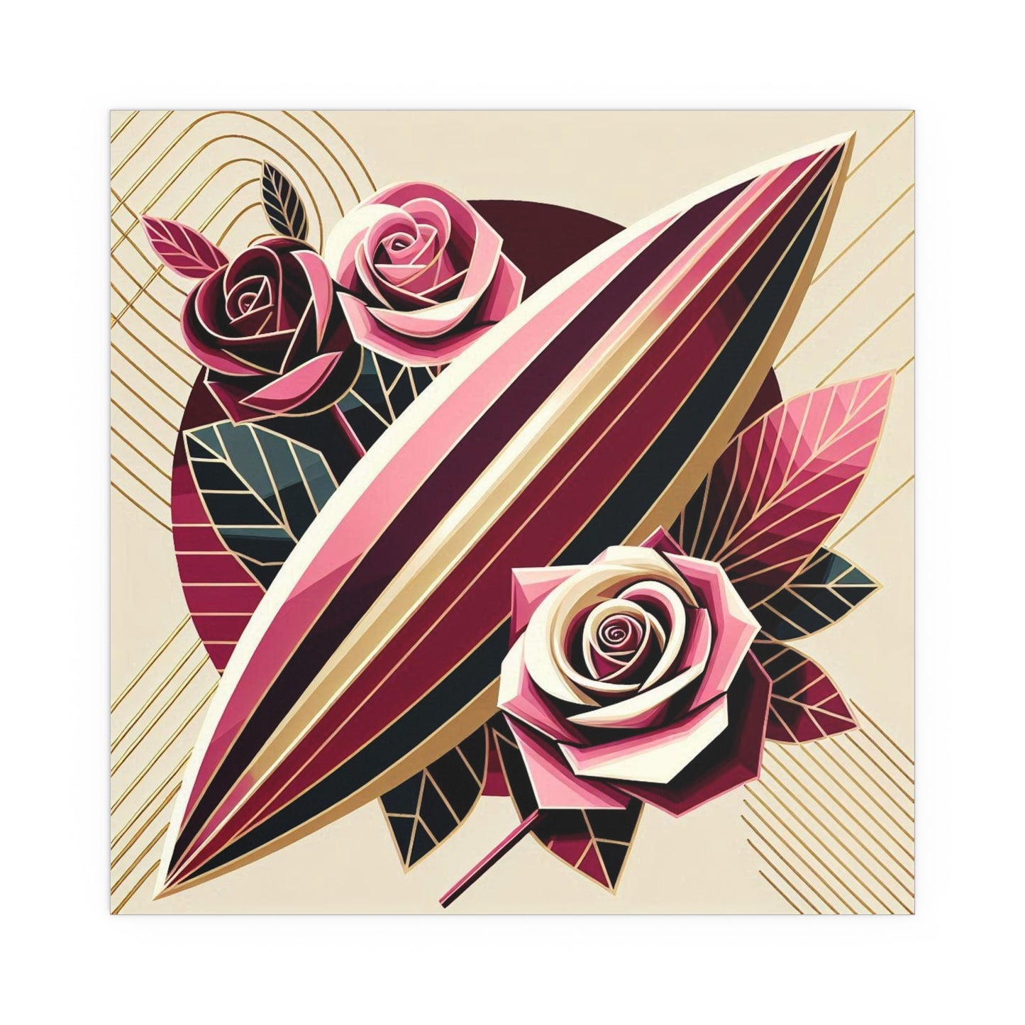 Elegant Floral Silk Poster - Indoor/Outdoor Wall Art for Home Decor - Pink & Burgundy Striped Surfboard & Roses