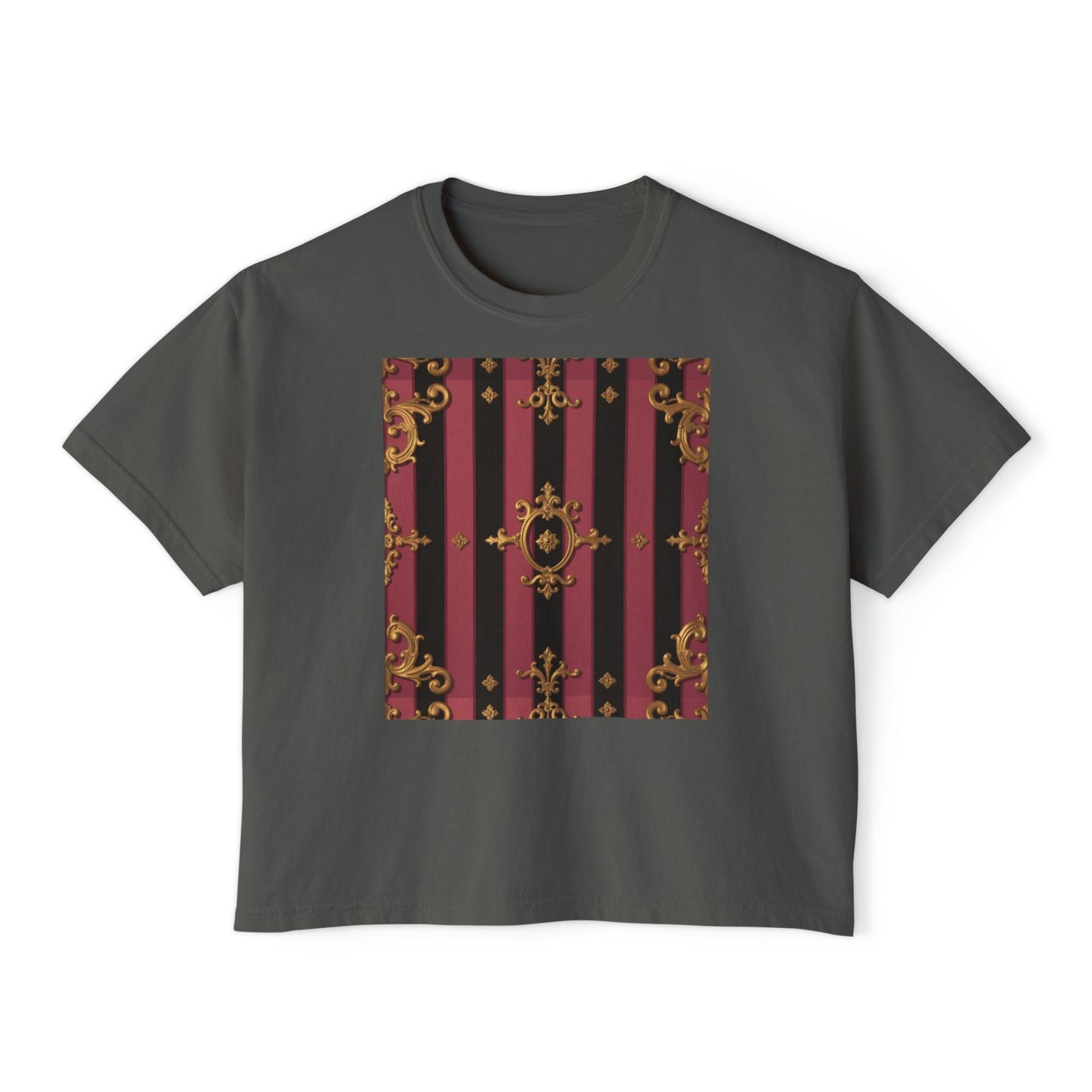 Black & Mauve Striped Gold Baroque Women's Boxy Tee, Vintage Style Top, Casual Fashion Tee, Oversized Graphic Shirt