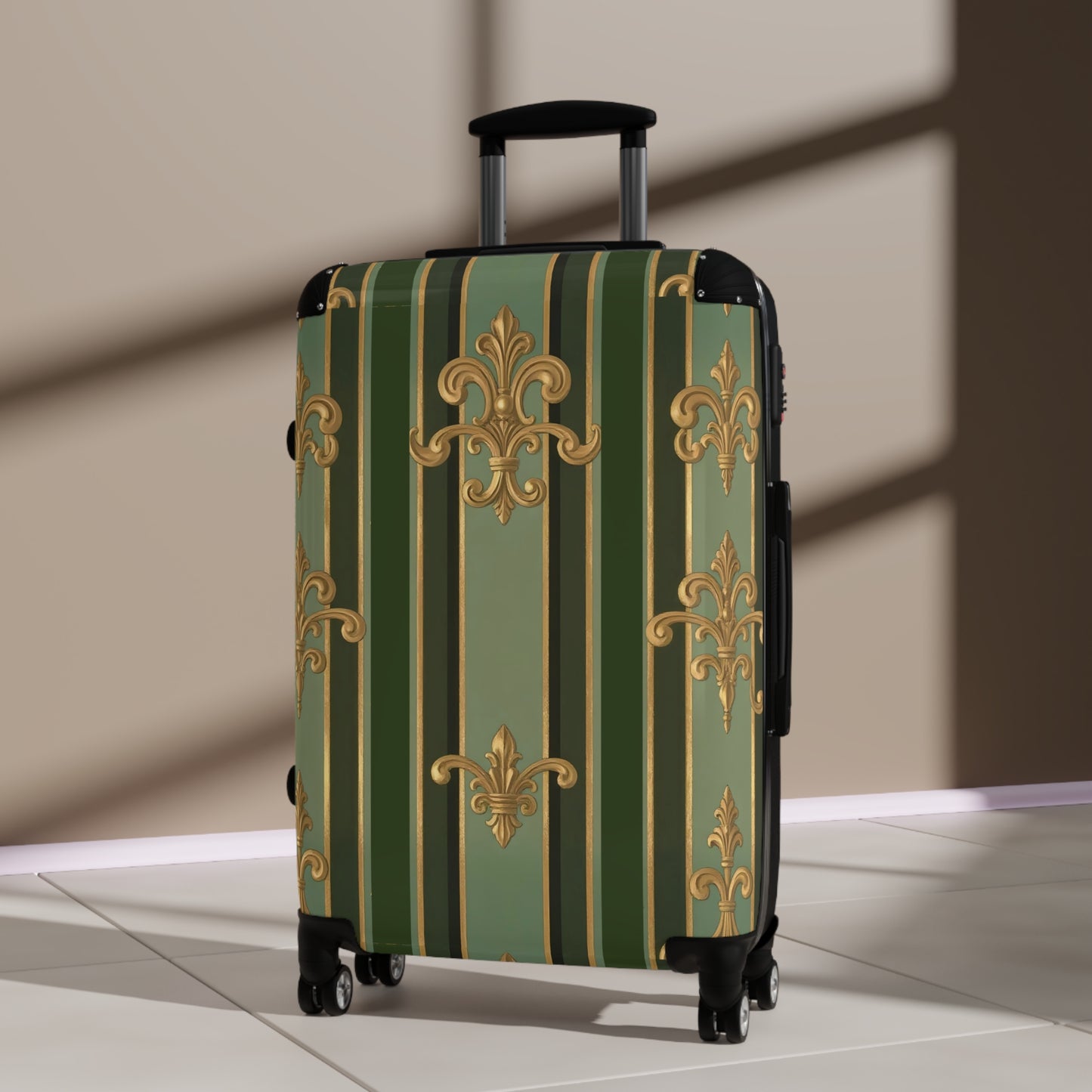 Elegant Travel Suitcase with Vintage Design, Personalized Luggage for Travelers, Monogrammed Carry-On - Green Striped Gold Baroque