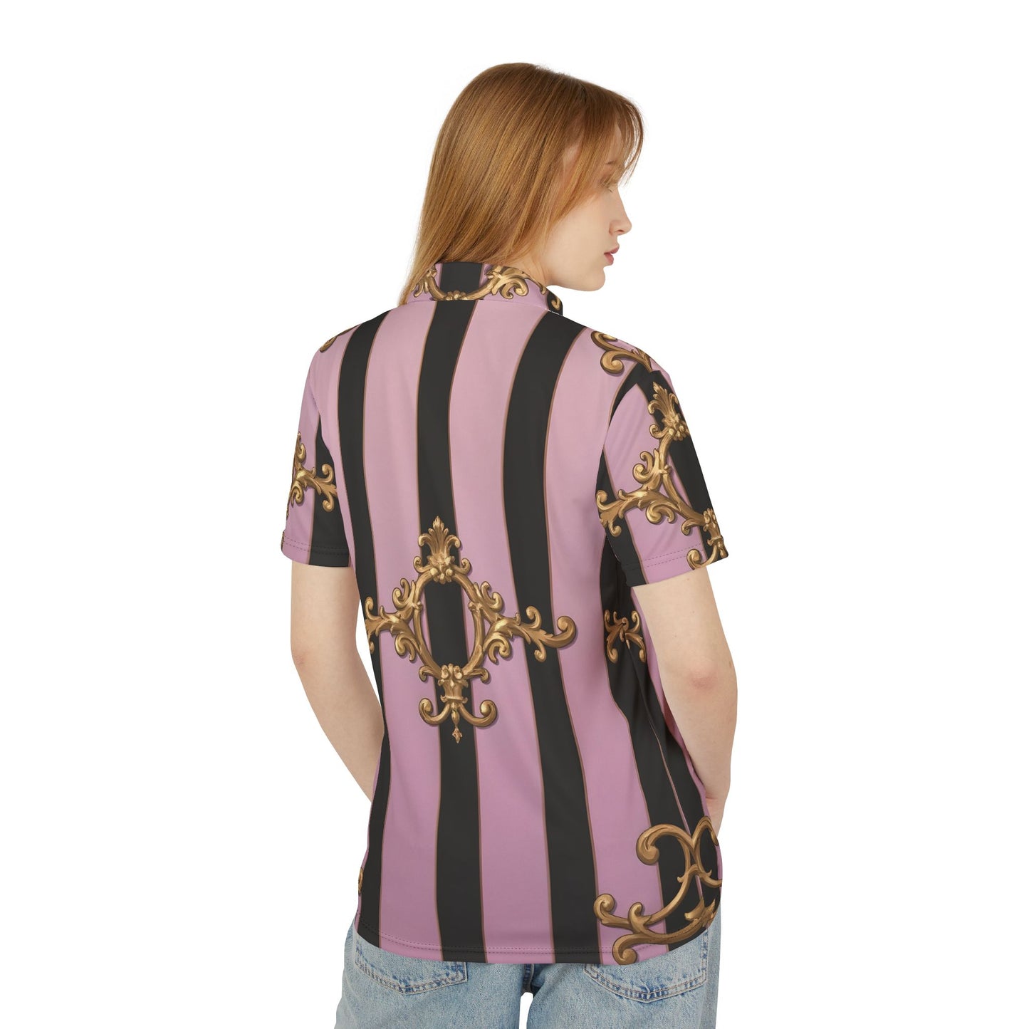 Chic Baroque Unisex Polo Shirt, Fashion Polo, Trendy Summer Wear, Stylish Casual Shirt - Matte Lavender & Black Striped Gold Baroque