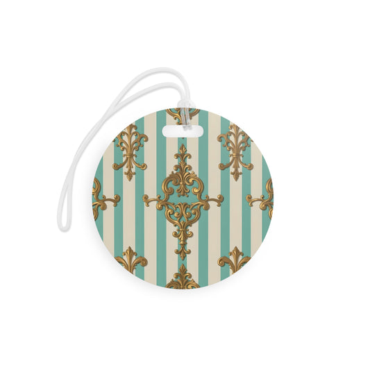 Elegant Luggage Tags for Travel Lovers, Personalized Travel Accessories, Vintage Design Tags - Matte Green Striped Rococo