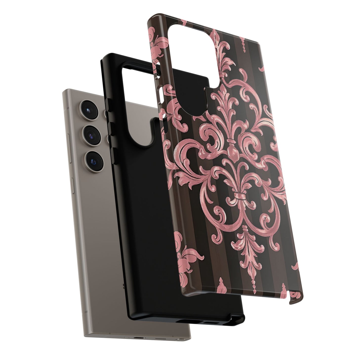 Elegant Floral Motif Phone Case - Tough Cases with Vintage Design - Brown Striped Mauve Damask