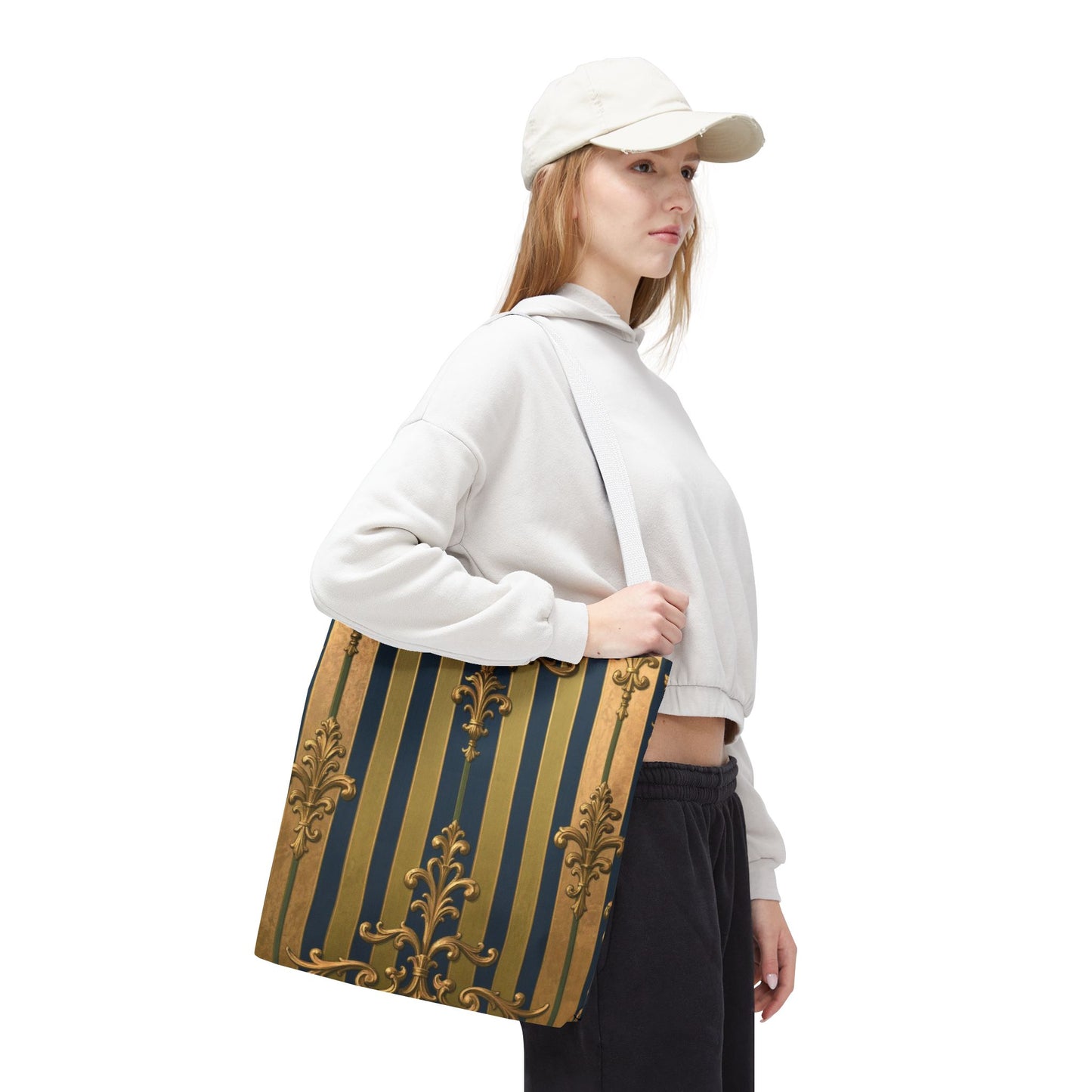 Elegant Midnight Blue & Olive Striped Gold Baroque Golden Striped Tote Bag, Stylish Shopping Bag, Trendy Handbag, Chic Gift for Her
