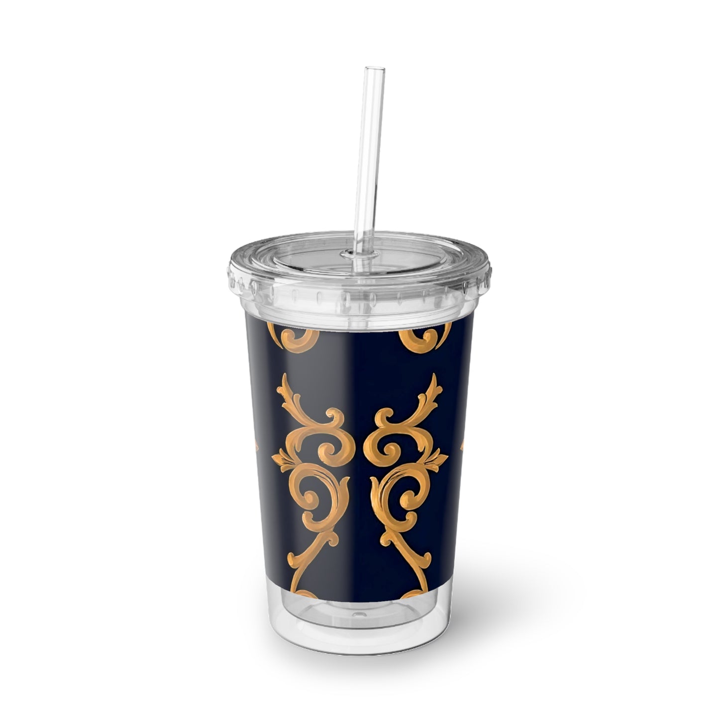 Elegant Acrylic Travel Cup with Gold Floral Design, Personalized Tumbler, Insulated Cup for Hot/Cold Beverages - Midnight Blue & Dusk Red Gold Baroque