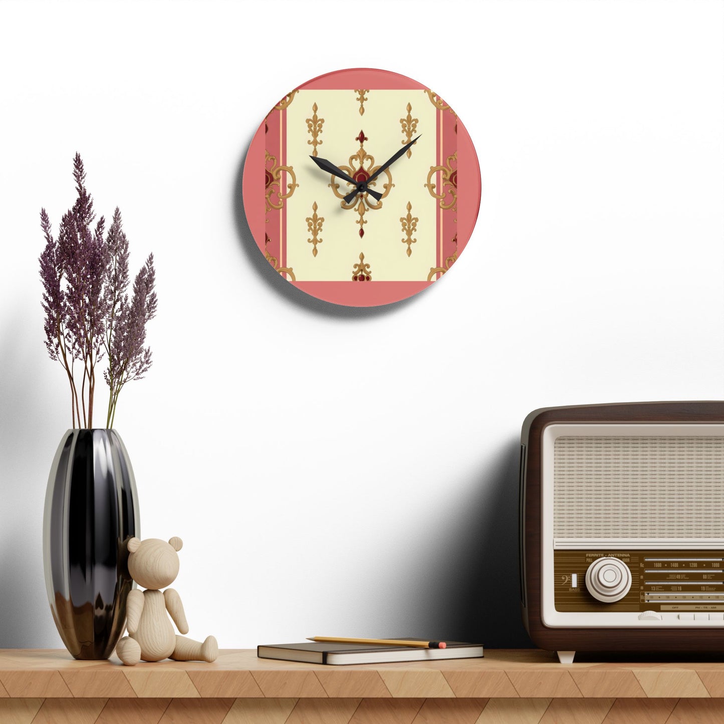 Bohemian Damask-Inspired Acrylic Wall Clock with Floral Design -  Mauve & Gold Design