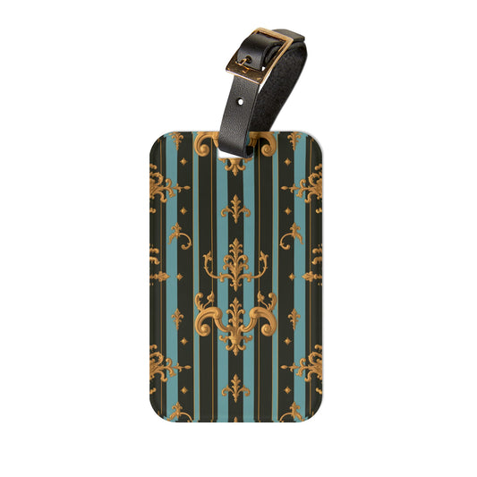 Chic Luggage Tag with Elegant Design | Travel Accessory, Personalized Gift, Backpack Tag, Suitcase Label - Black & Turquoise Striped Baroque