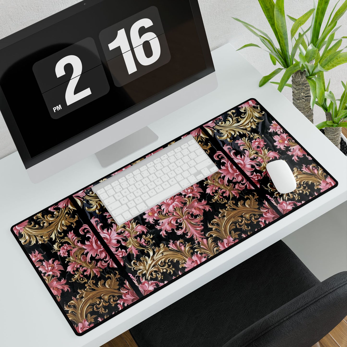 Elegant Floral Desk Mat, Office Decor, Home Office Accessories, Gift for Her, Desk Organizer - Black & Pink Oil Painting Style Rococo