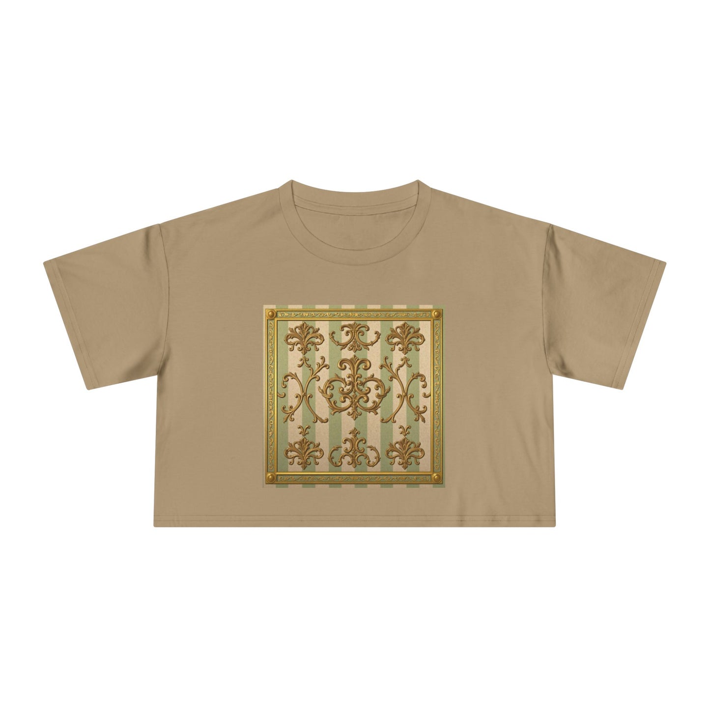 Stylish Women's Crop Tee with Elegant Print, Summer Fashion Top, Casual Chic Shirt, Gift for Her, Trendy Outfit - Mint & Beige Striped Gold Baroque