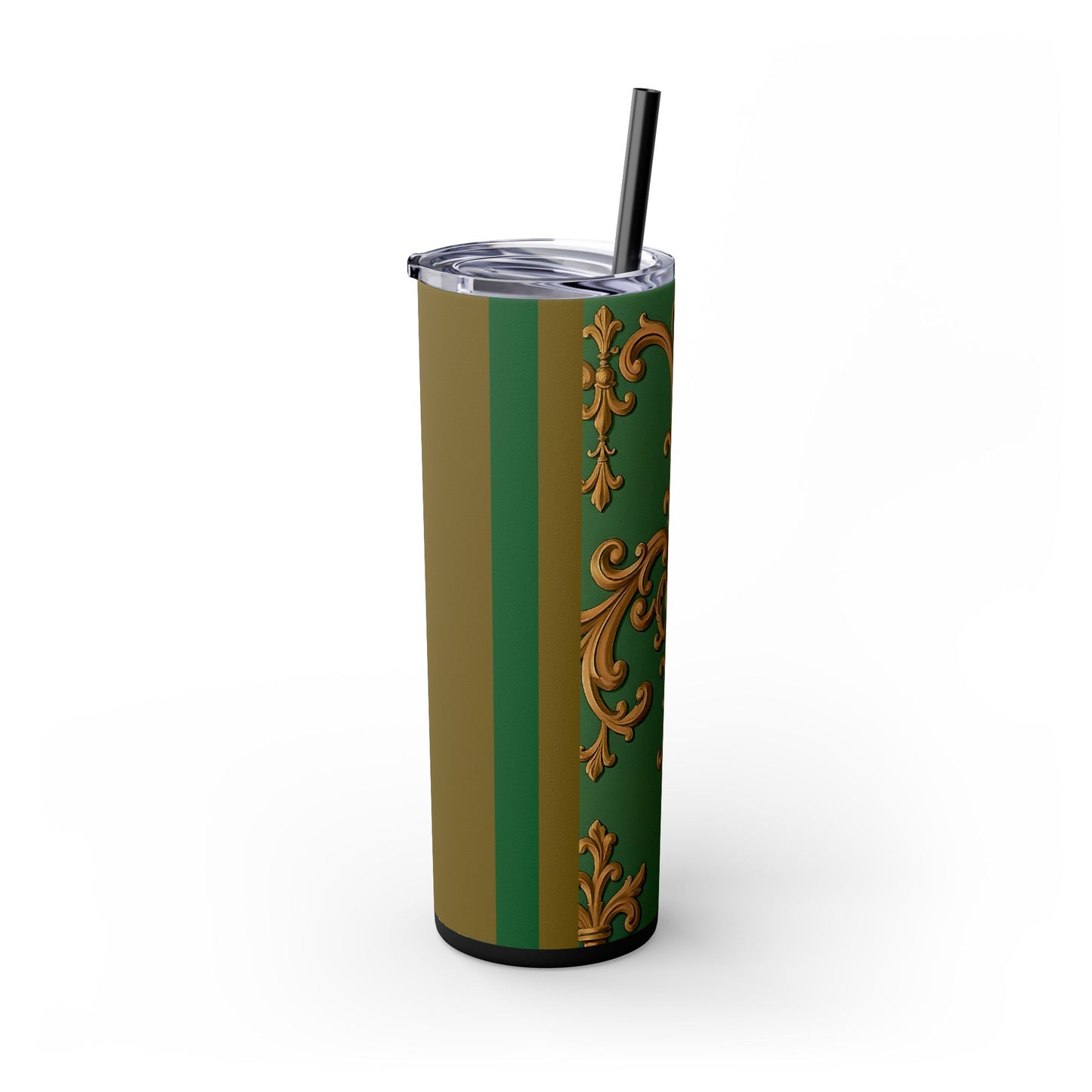 Elegant Green Pattern Skinny Tumbler with Straw, Stylish Drinkware, Gift for Her, Travel Mug, Home Decor, Floral Design - Olive Green Striped Rococo