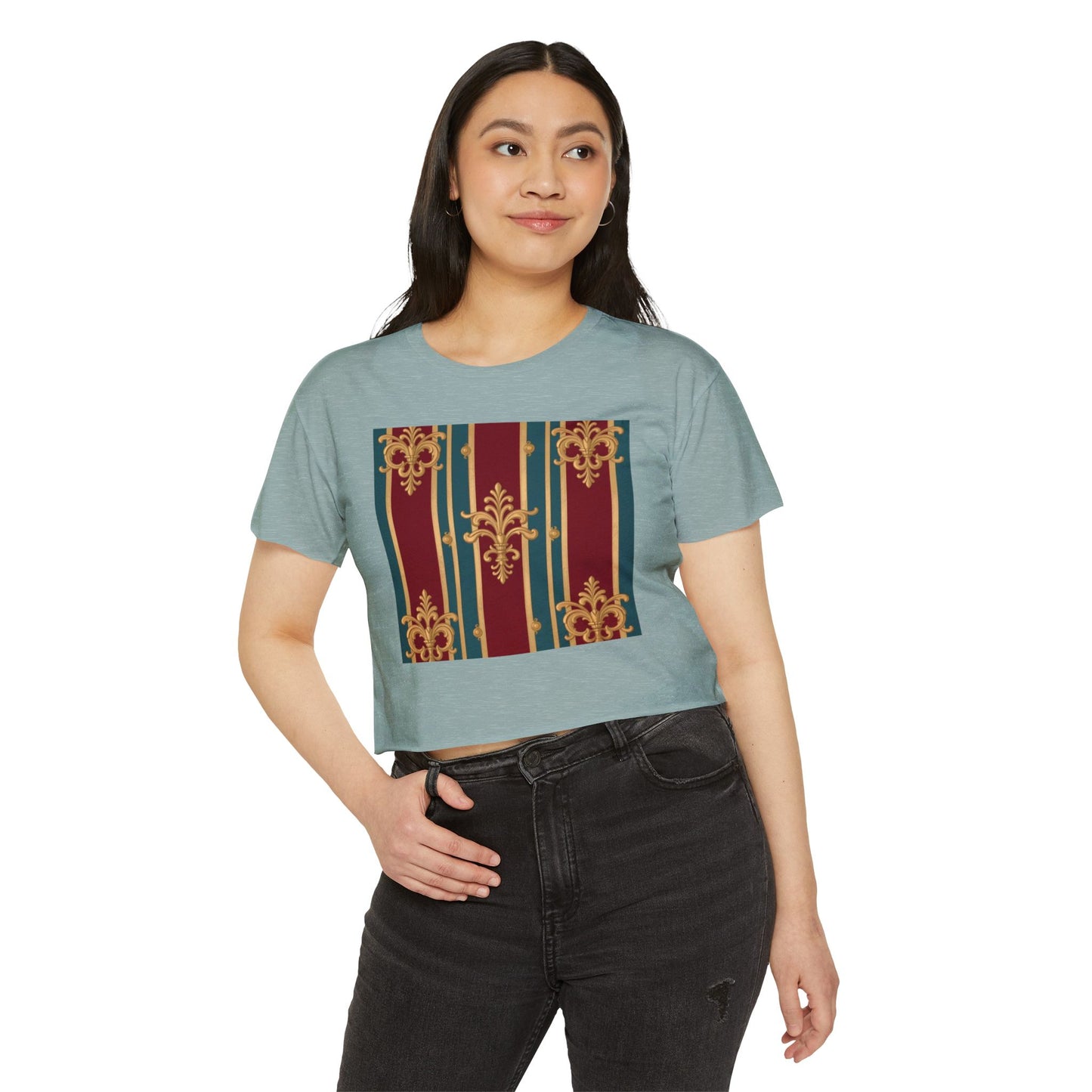 Baroque Chic Festival Crop Top | Women’s Floral Summer Tee, Outdoor Concert Wear, Vacation Top - Burgundy Striped Gold Baroque