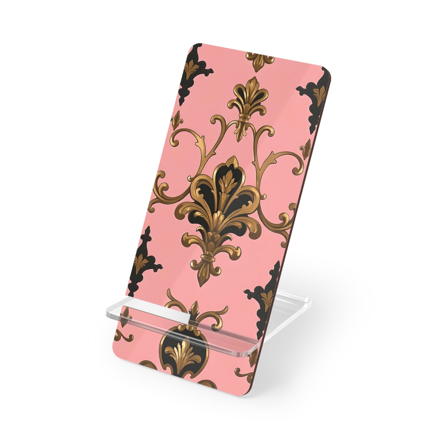 Elegant Smartphone Display Stand, Decorative Phone Holder, Office Desk Accessory, Gift for Her - Pink, Black & Gold Rococo