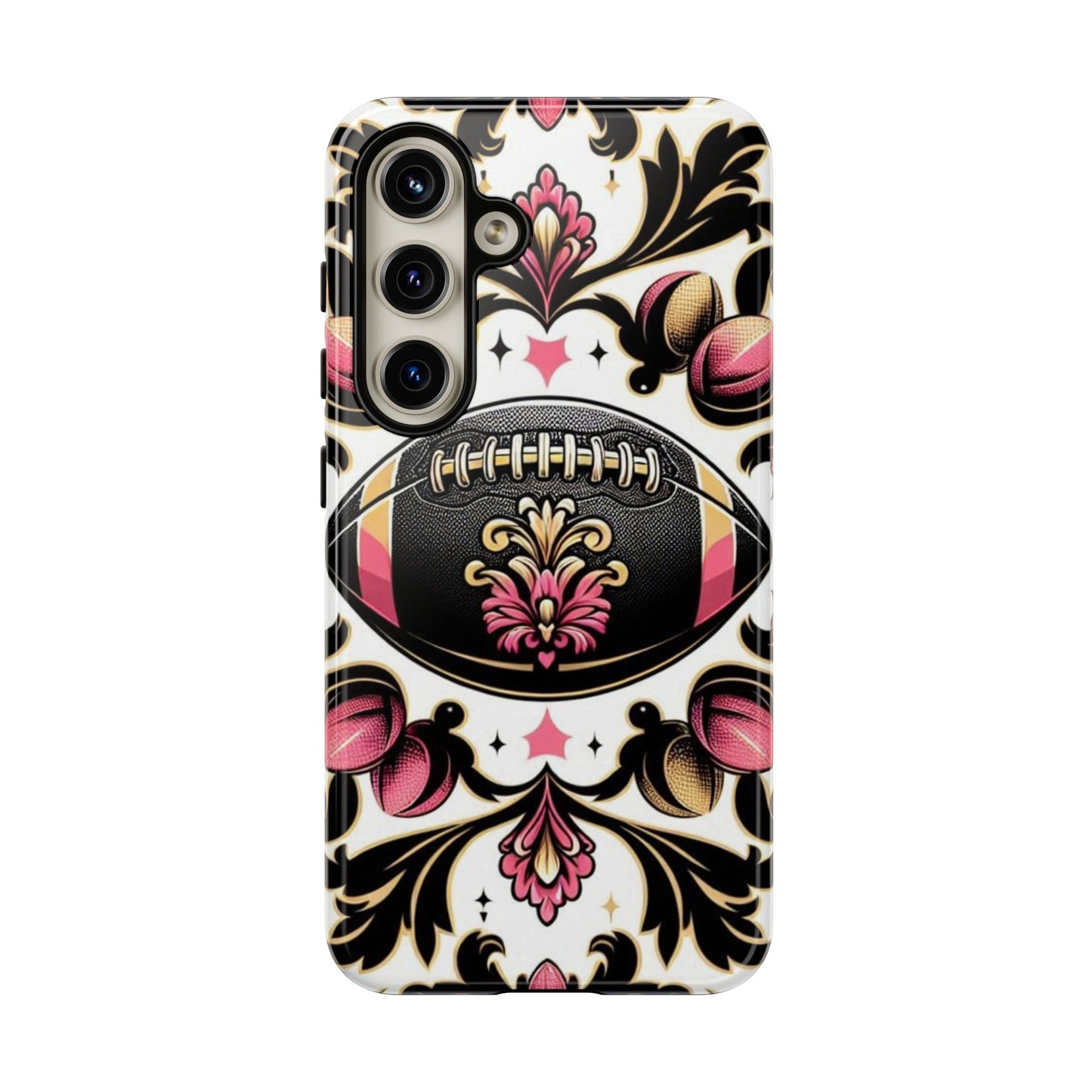 Elegant Floral Motif Phone Case - Tough Cases with Vintage Design - Damask White, Pink Gold & Black Football