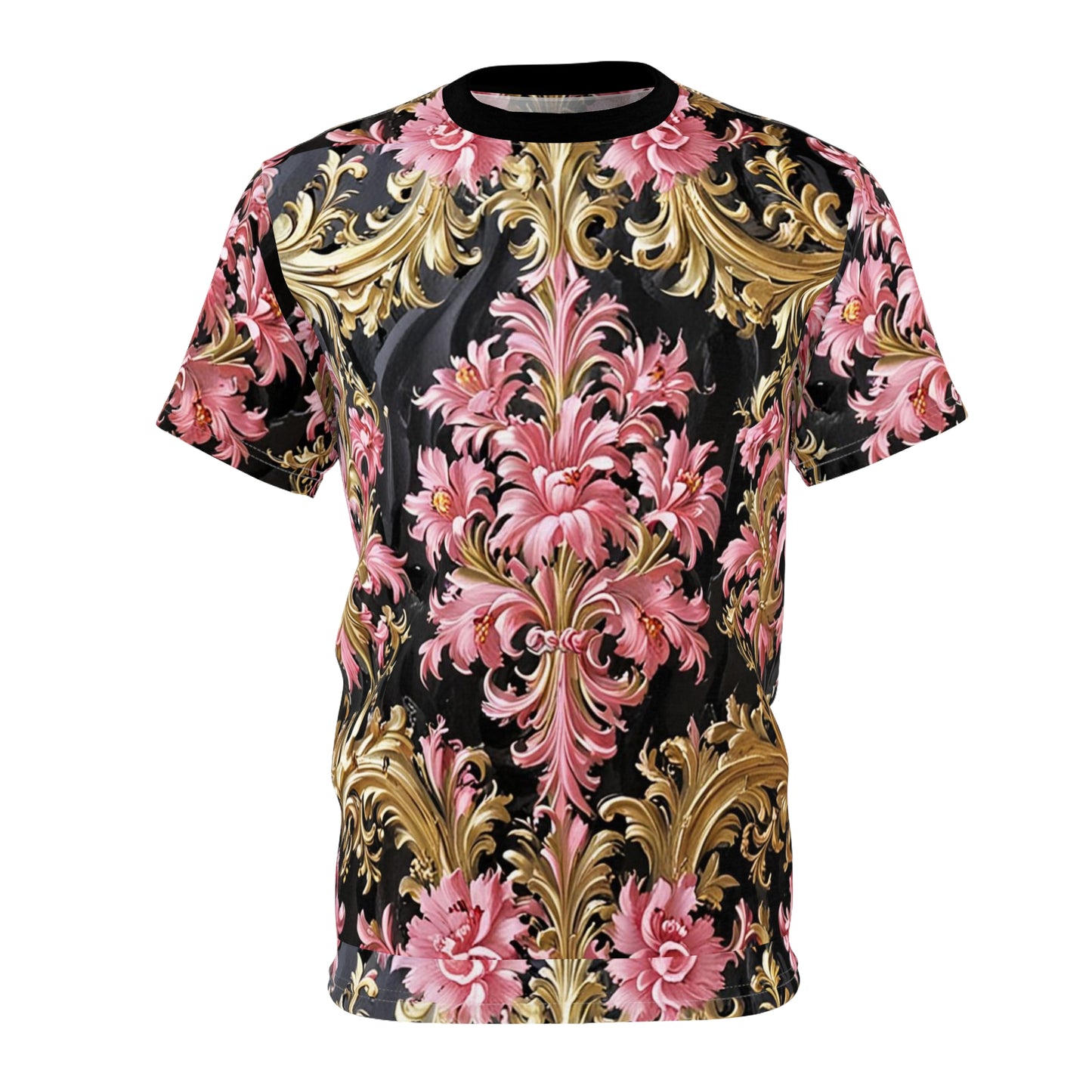 Elegant Floral Unisex Tee, Vintage Style Shirt, AOP Print, Everyday Wear, Unique Gift, Fashion Statement - Black & Pink Oil Painting Style Rococo