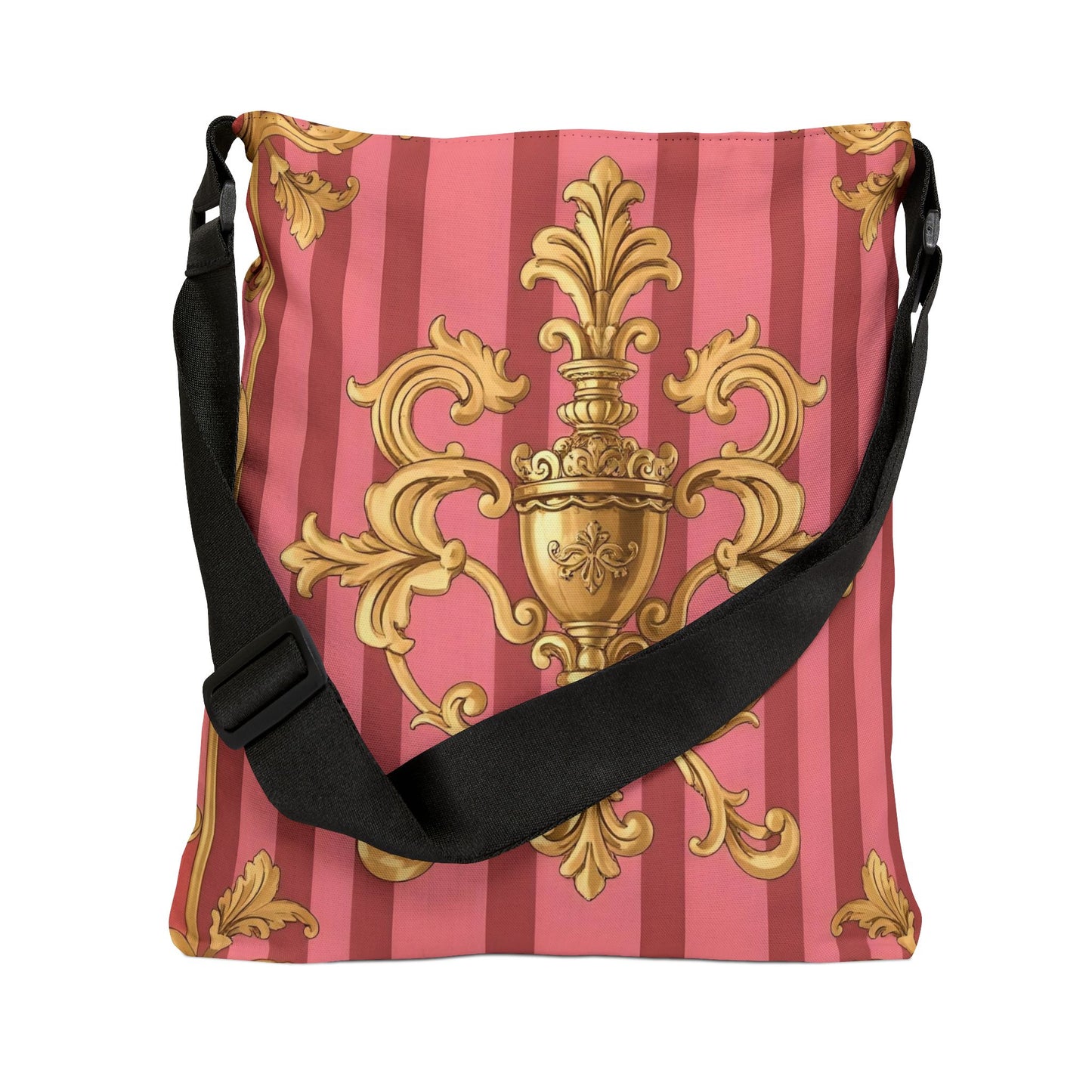 Elegant Floral Adjustable Tote Bag, Stylish Handbag for Everyday Use, Perfect for Shopping, Beach, Gifts, Travel - Pink Striped Gold Baroque