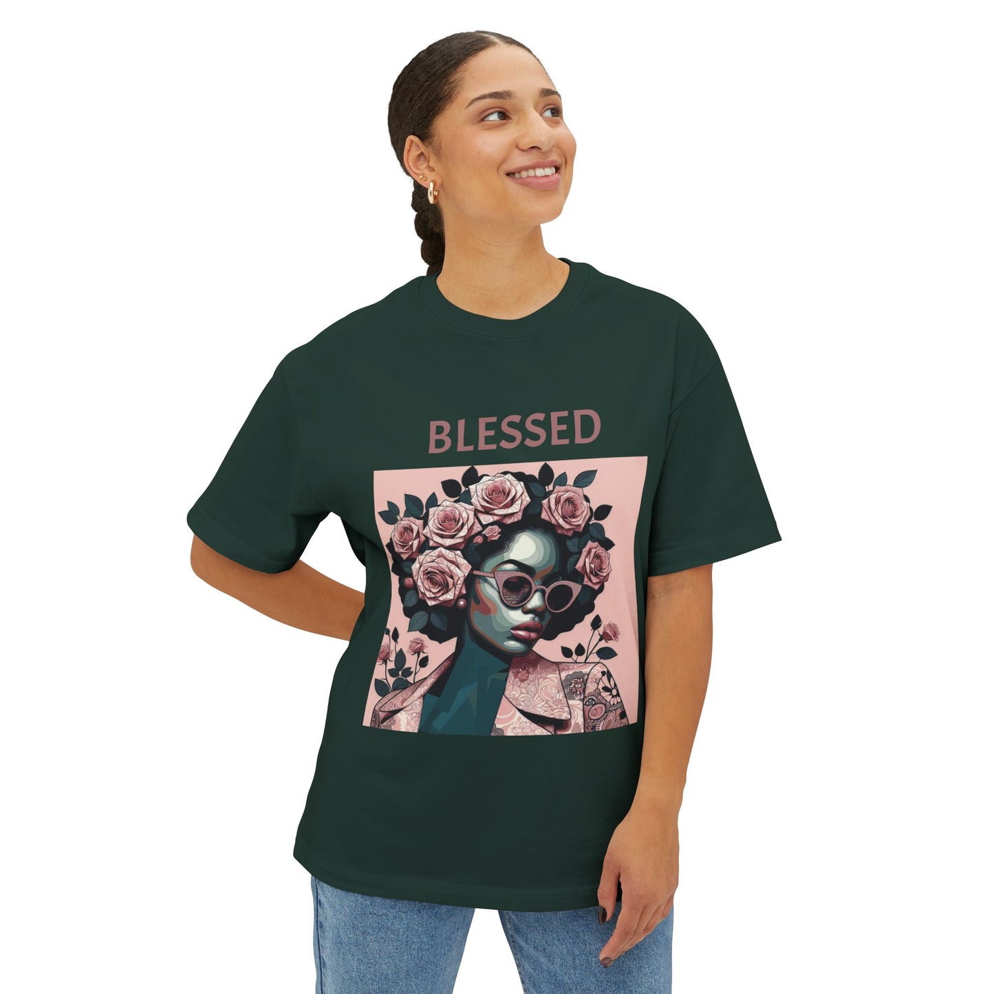 Unisex Oversized Boxy Tee - Blessed Floral Graphic Tee, Comfortable T-Shirt for Girls Night Out, Casual Summer Top, Gift for Her - Mauve Lettering