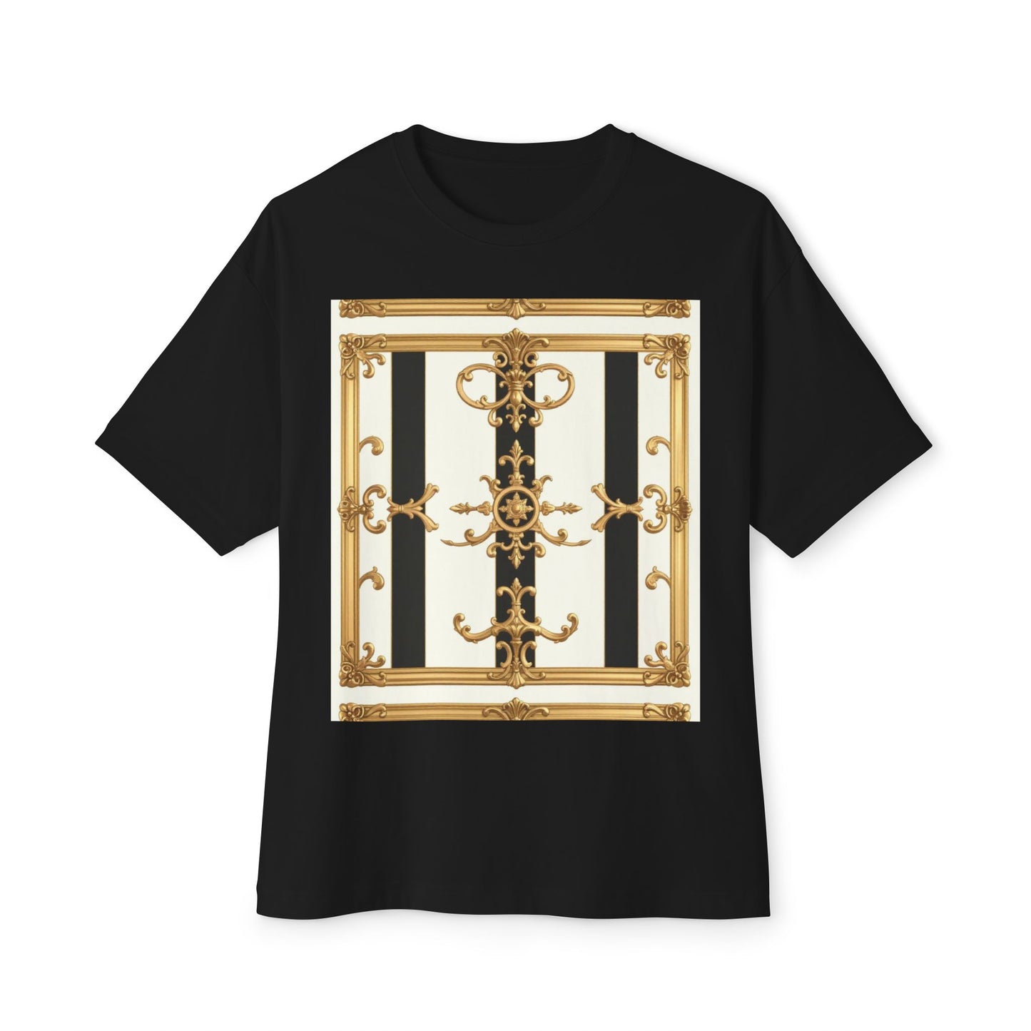 Chic Oversized Boxy Tee with Elegant Gold Design, Fashion T-Shirt, Streetwear Top, Casual Wear - Black & White Striped Gold Baroque