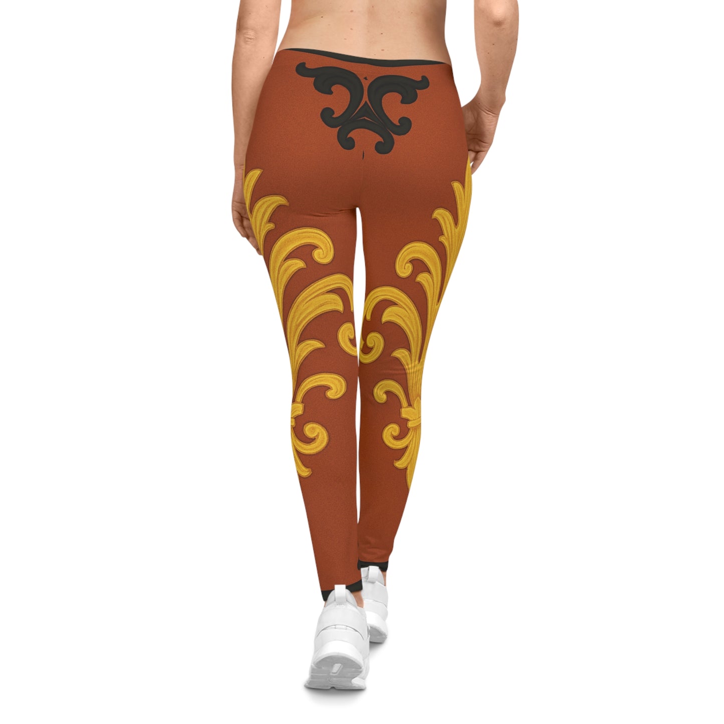 Dusk Terracotta Baroque Scroll Print Leggings — Terracotta & Gold Floral AOP