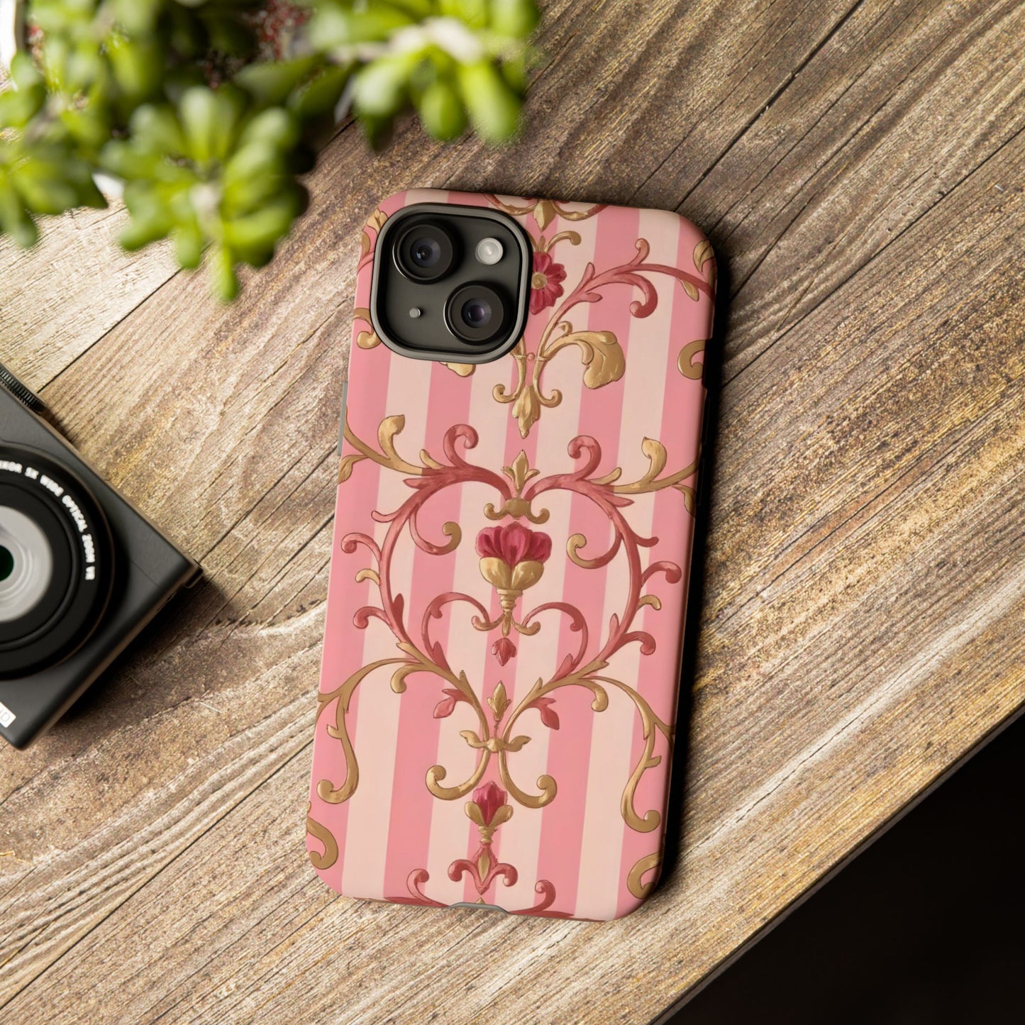 Elegant Floral Motif Phone Case - Tough Cases with Vintage Design - Pink Striped Rose Gold Damask