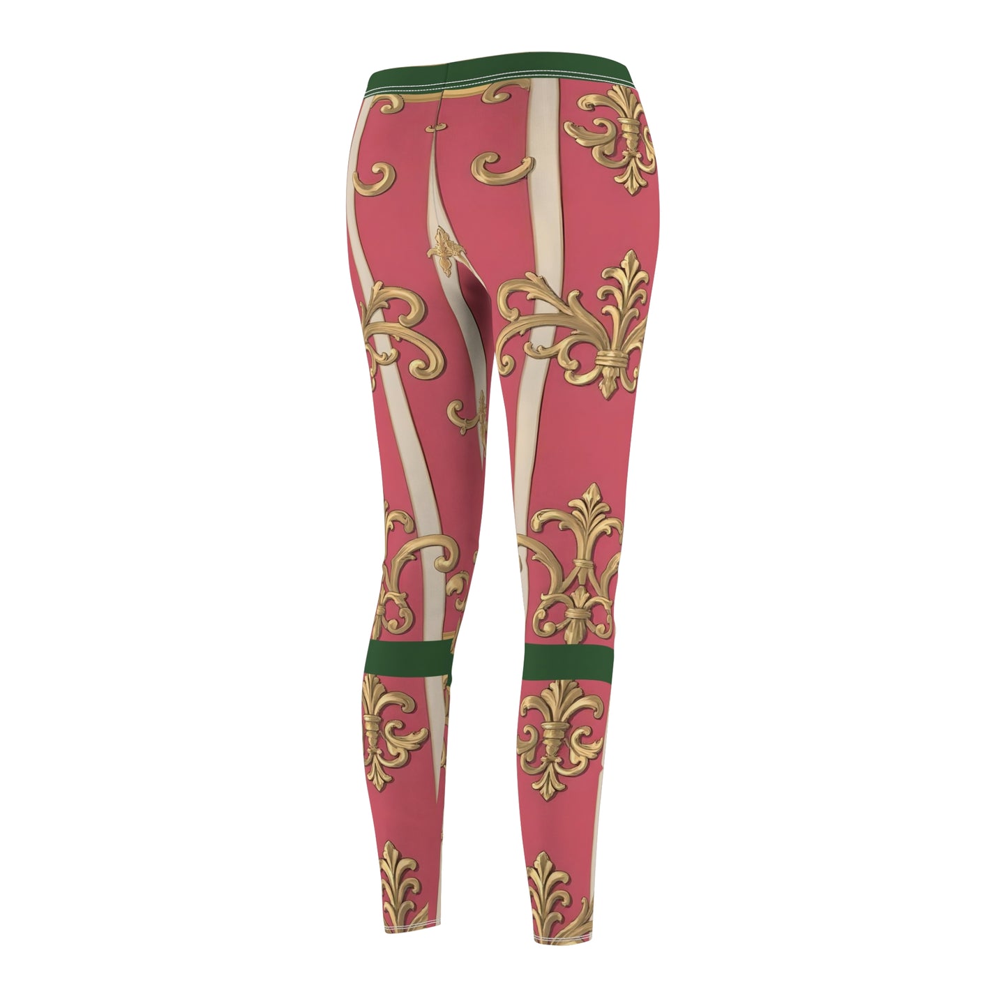 Women's Green Border Pink Striped Baroque Print Casual Leggings, Trendy Activewear, Stylish Leggings for Yoga, Everyday Wear, Holiday Gift