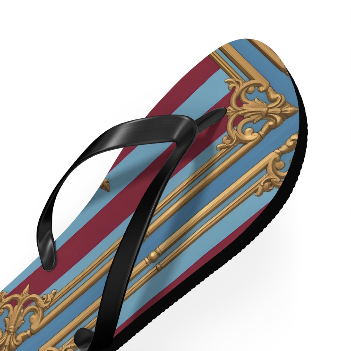 Ornate Design Flip Flops, Elegant Summer Sandals, Beach Vacation Footwear, Perfect for Weddings - Sky Blue & Maroon Striped Baroque