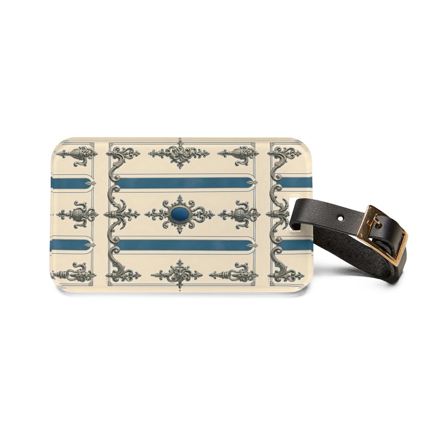Elegant Vintage-Style Luggage Tag - Travel Accessory for Stylish Wanderers - Alabaster & Ocean Blue Baroque