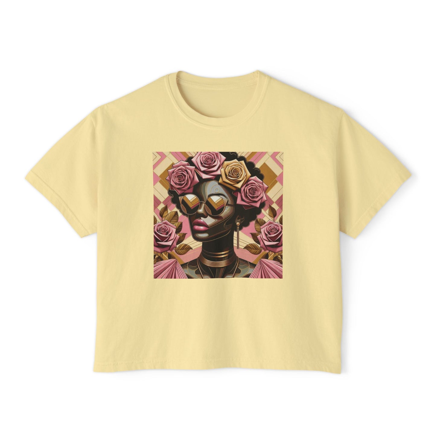 Chic Floral Graphic Women's Boxy Tee, Casual T-Shirt, Summer Fashion, Gift for Her, Everyday Wear - Pink Roses Lady
