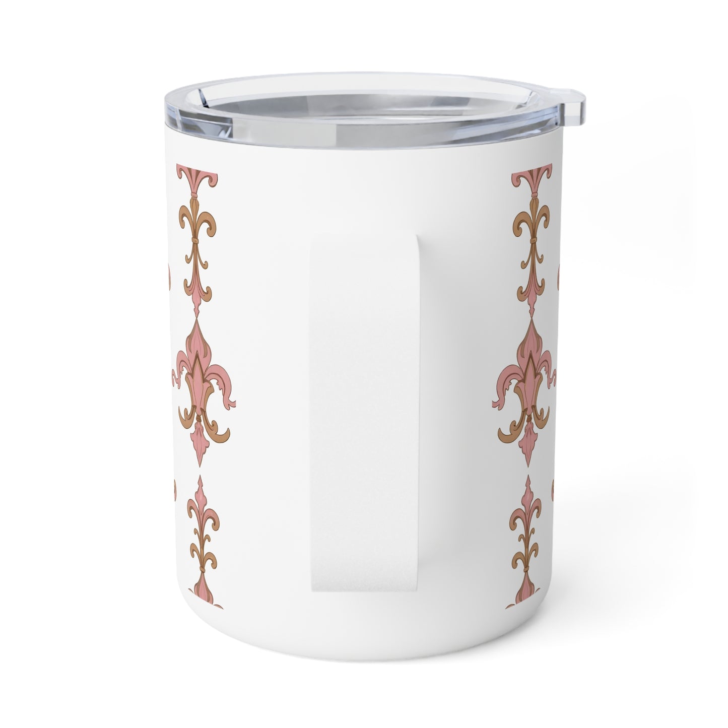 Elegant Floral Insulated Coffee Mug | Stylish Travel Cup, Morning Brew, Gift for Her, Unique Decor, Coffee Lover's Delight - Brown Striped Pink Arabesque