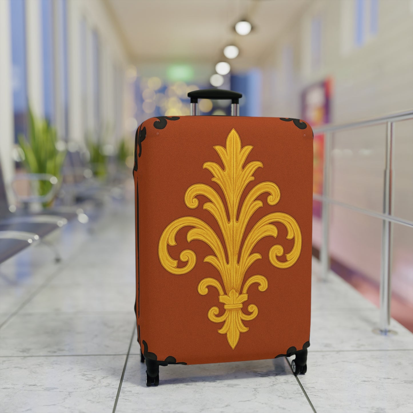 Dusk Terracotta Baroque - Vintage Gold Baroque Design Luggage Cover — Elegant Golden Scroll Travel Protector