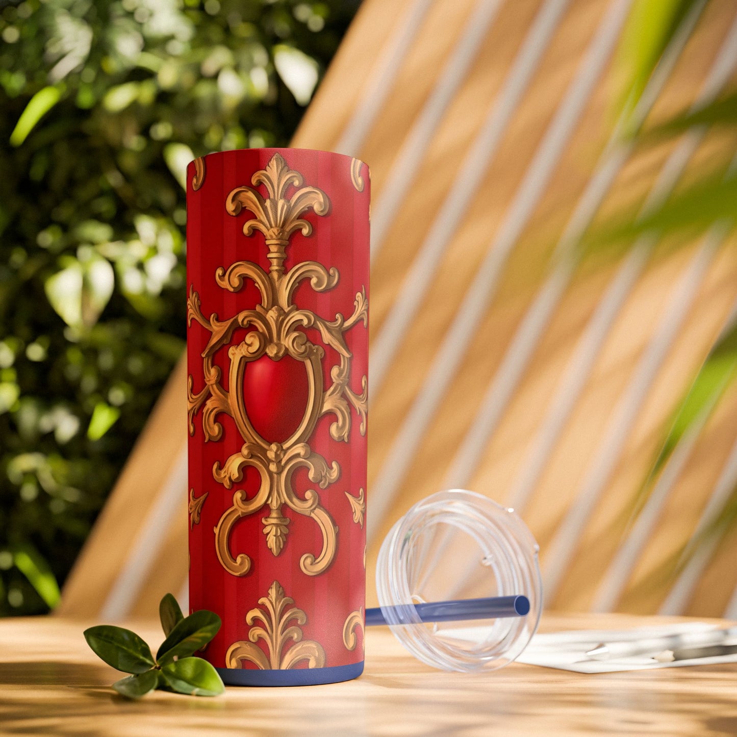 Elegant Red Ornate Skinny Tumbler, Stylish Travel Mug with Straw, Perfect for Gifts, Home Office - Blue, Red & White Striped Baroque