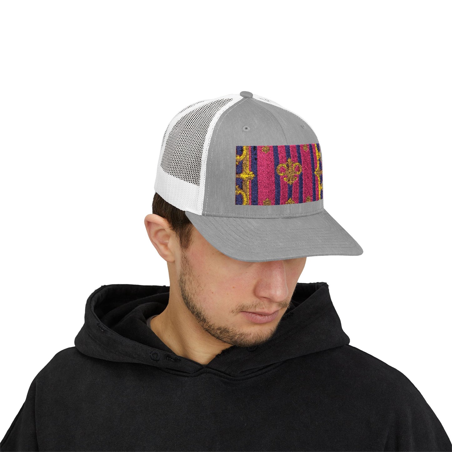 Vibrant Snapback Trucker Cap, Stylish Outdoor Hat, Trendy Fashion Accessory, Gift for Him or Her - Pink Striped Gold Baroque