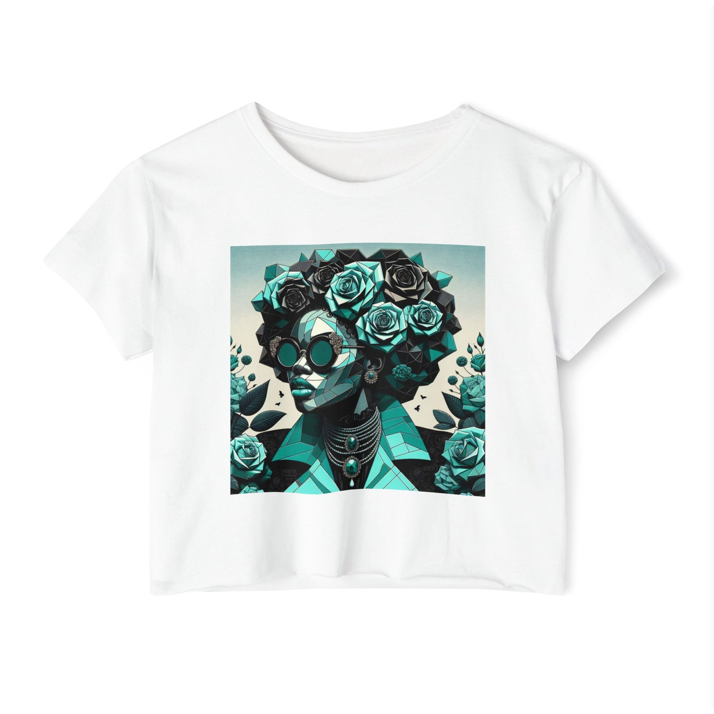 Women's Festival Crop Top with Artistic Floral Design, Boho Clothing, Trendy Summer Style, Perfect for Music Festivals - Turquoise & Black Roses Lady