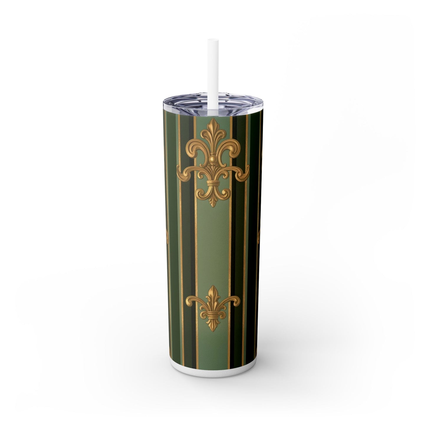 Elegant Green Striped Skinny Tumbler, 20oz Travel Mug, Reusable Cup, Perfect for Gifts, Parties, Home Decor - Green Striped Gold Baroque