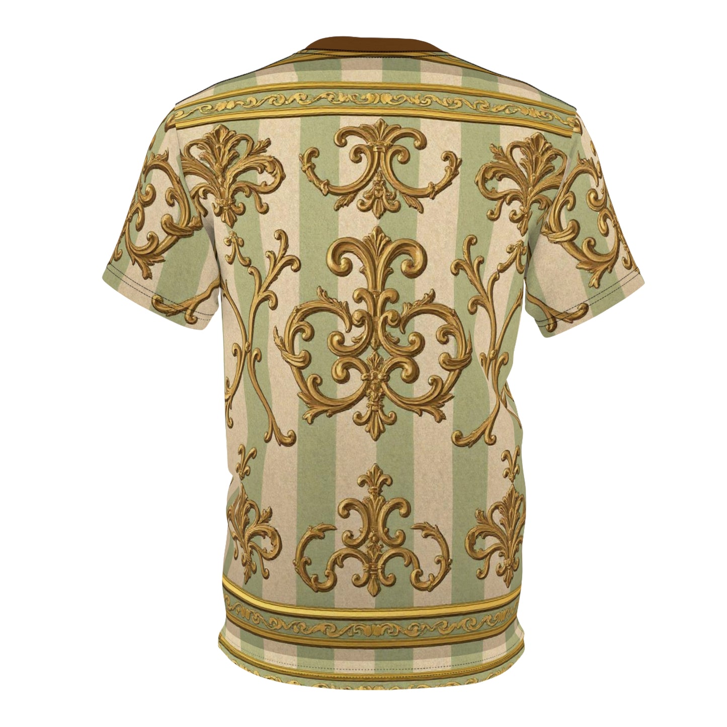 Elegant Vintage Pattern Unisex Tee, Boho Shirt, Gift for Her, Fashion Statement Tee, Summer Casual Wear - Mint & Beige Striped Gold Baroque