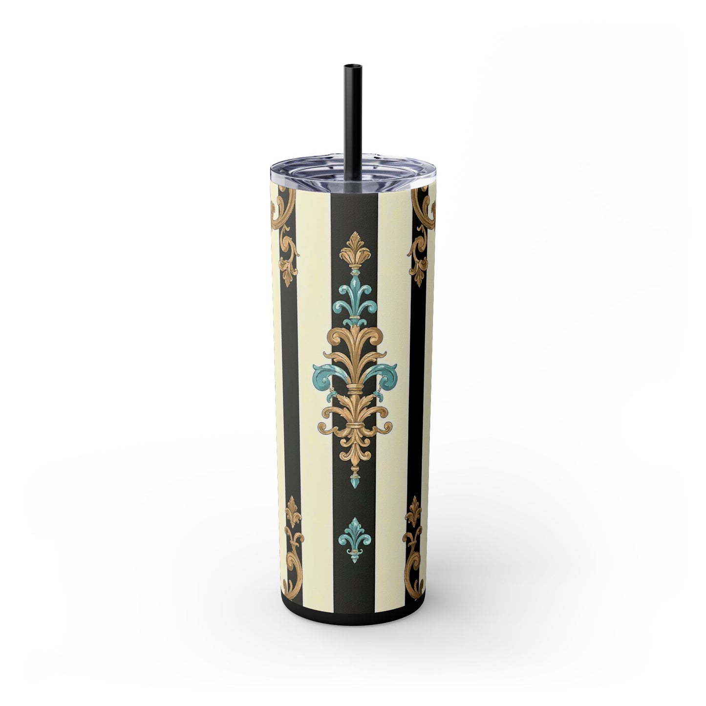 Elegant Stripe Skinny Tumbler | 20oz | Ideal Gift for Home, Office, Travel, Party, or Everyday Use - Black Striped Turquoise & Black Rococo