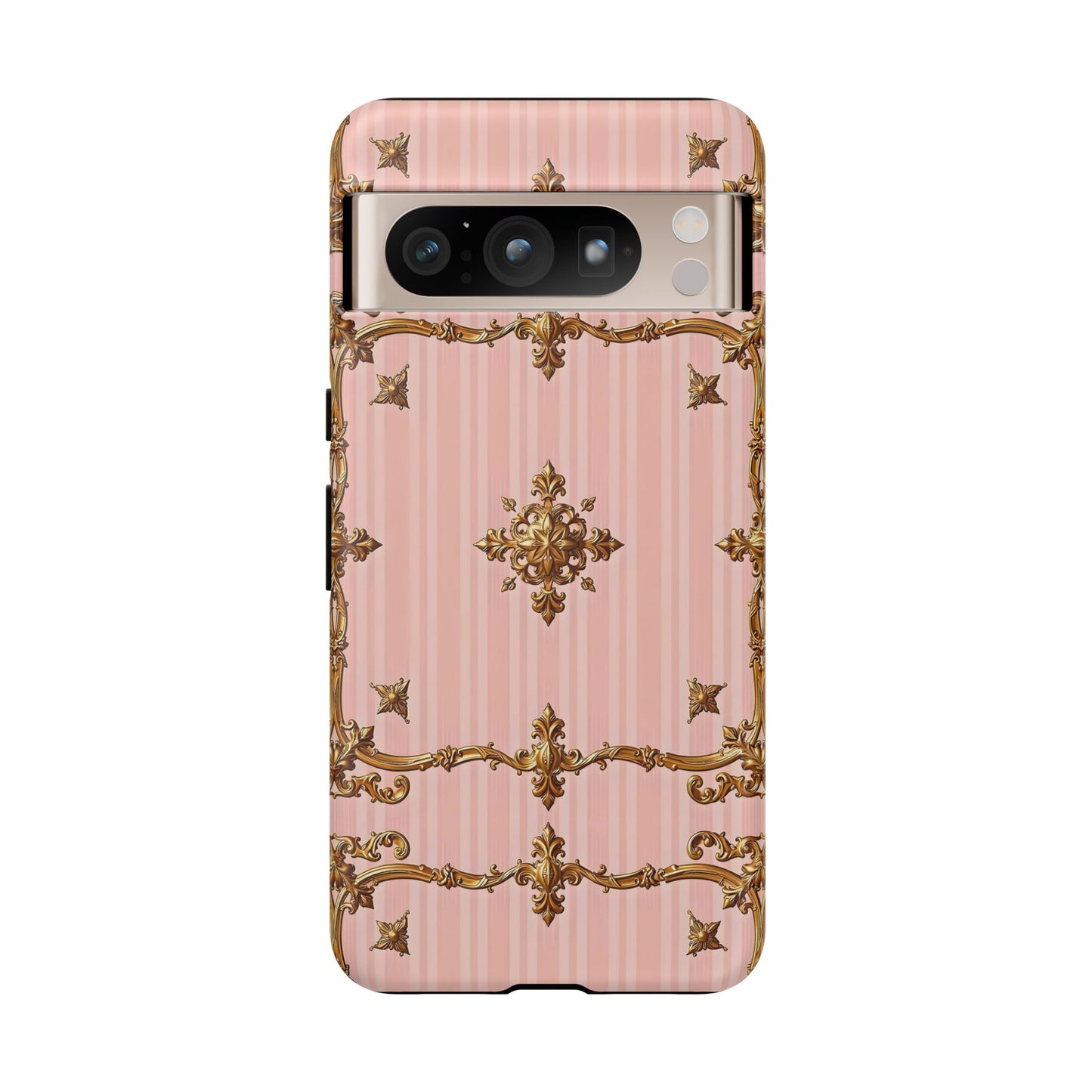 Elegant Floral Phone Case, Tough Cases for Women, Trendy Phone Cover, Chic Gift - Pink Striped Gold Baroque