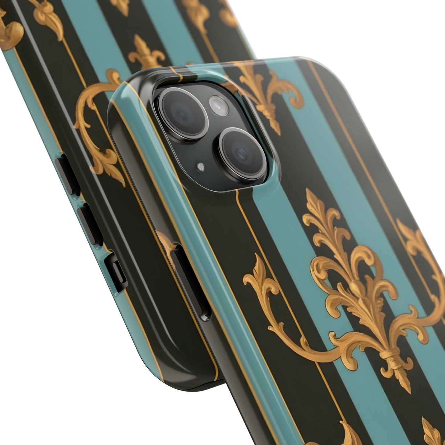 Elegant Baroque Tough Phone Case, Stylish Phone Cover, Durable iPhone Case, Unique Gift - Black & Turquoise Striped Baroque