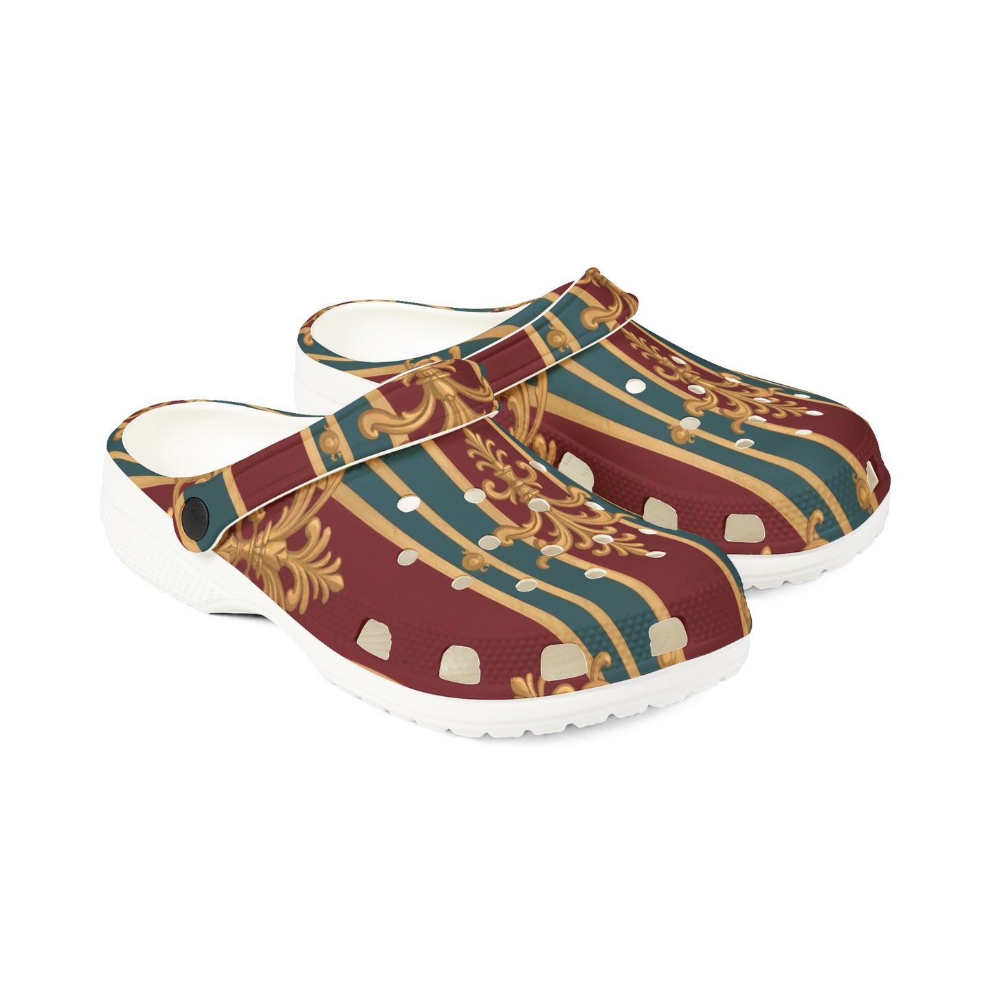 Stylish EVA Foam Slippers, Comfortable Home Footwear, Boho Slide-On Clogs for Relaxation, Gift for Her - Burgundy Striped Gold Baroque