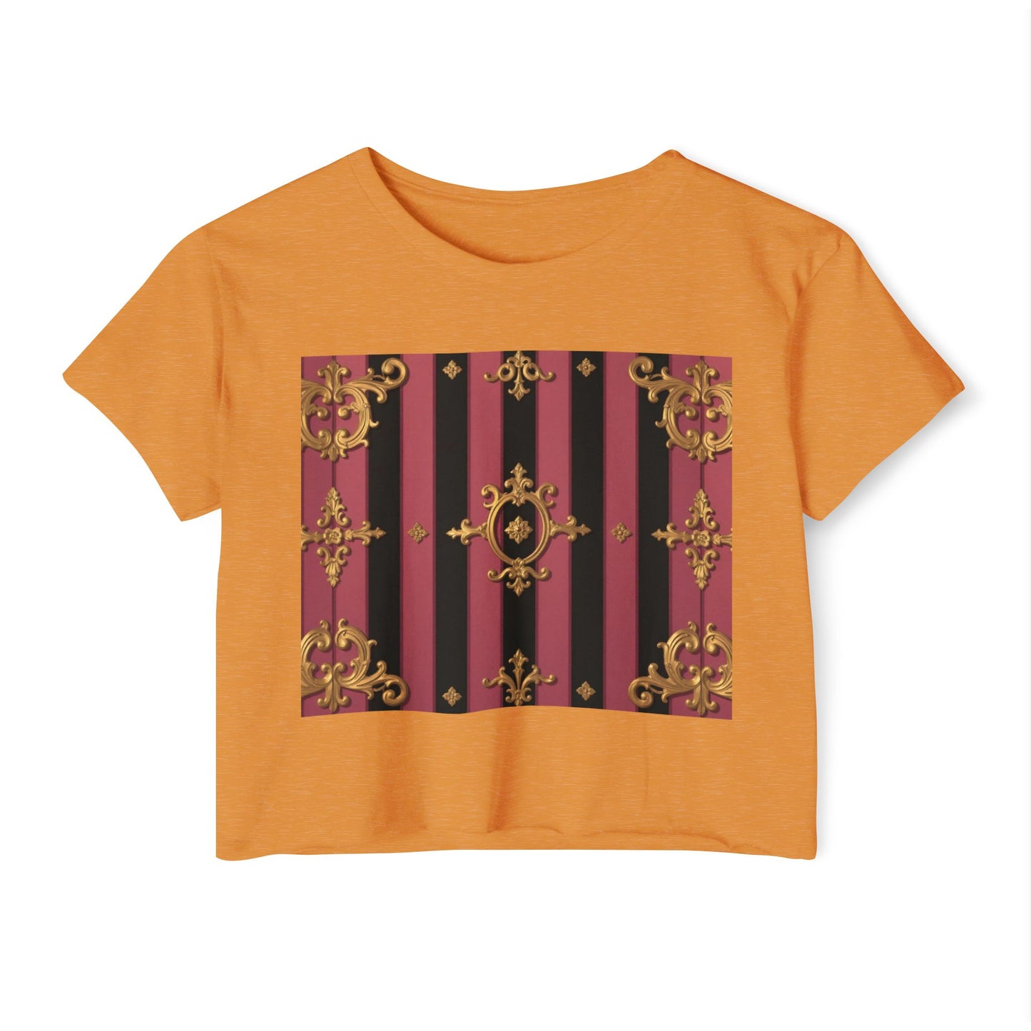 Festival Ready Black & Mauve Striped Gold Baroque Women's Crop Top | Elegant Chic, Summer Fashion, Music Festival Apparel