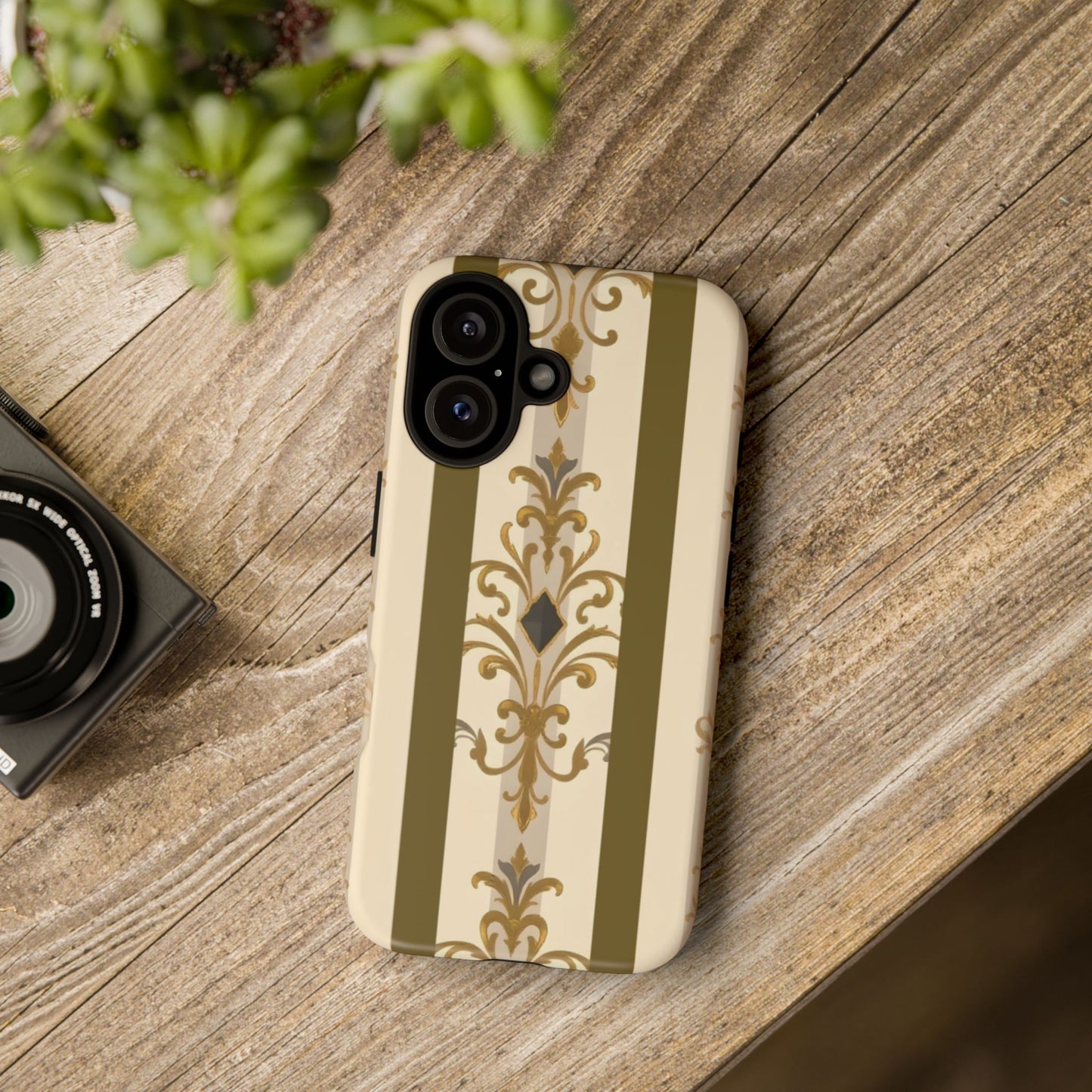 Elegant Floral Motif Phone Case - Tough Cases with Vintage Design - Olive Striped Gold Damask
