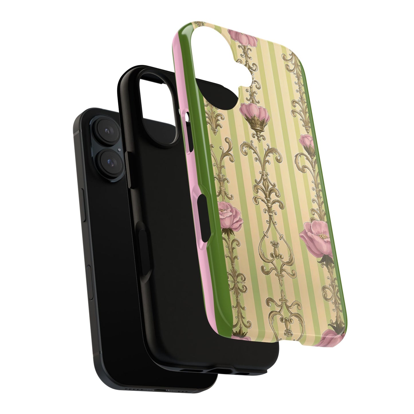 Elegant Floral Motif Phone Case - Tough Cases with Vintage Design - Lime Green & Pink Striped Damask
