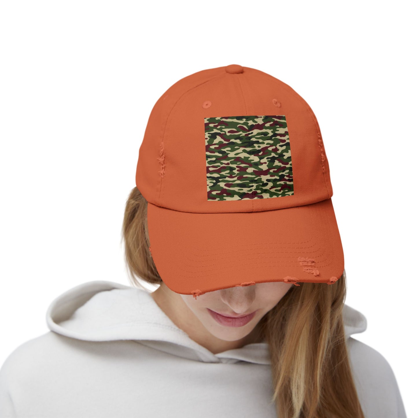 Camo Distressed Cap | Unisex Fashion Hat, Trendy Outdoor Accessory, Gift for Him/Her, Casual Wear, Sports Cap - Army Green & Burgundy Camo