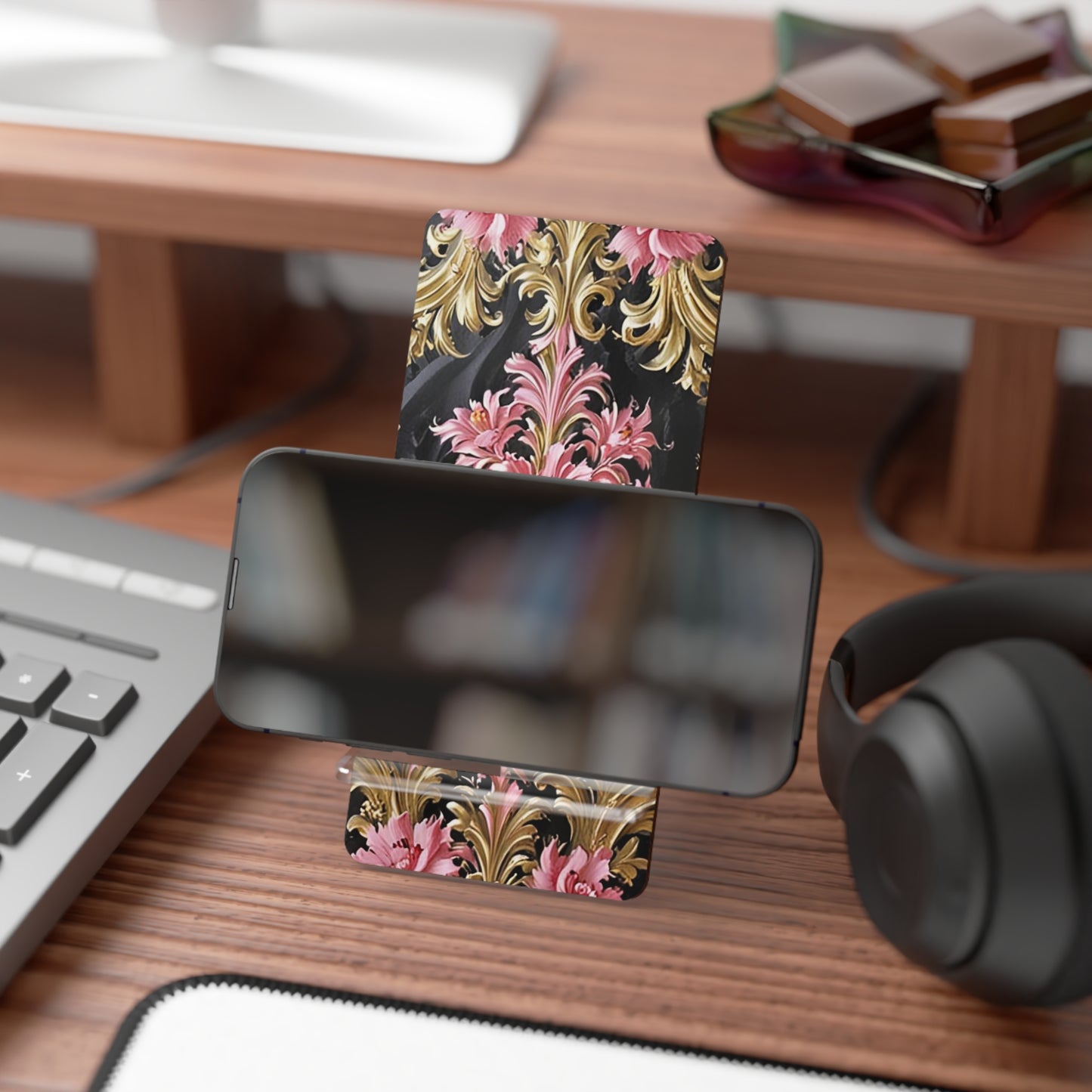 Elegant Floral Mobile Display Stand, Phone Holder, Desk Organizer, Gift for Smartphone Users - Black & Pink Oil Painting Style Rococo