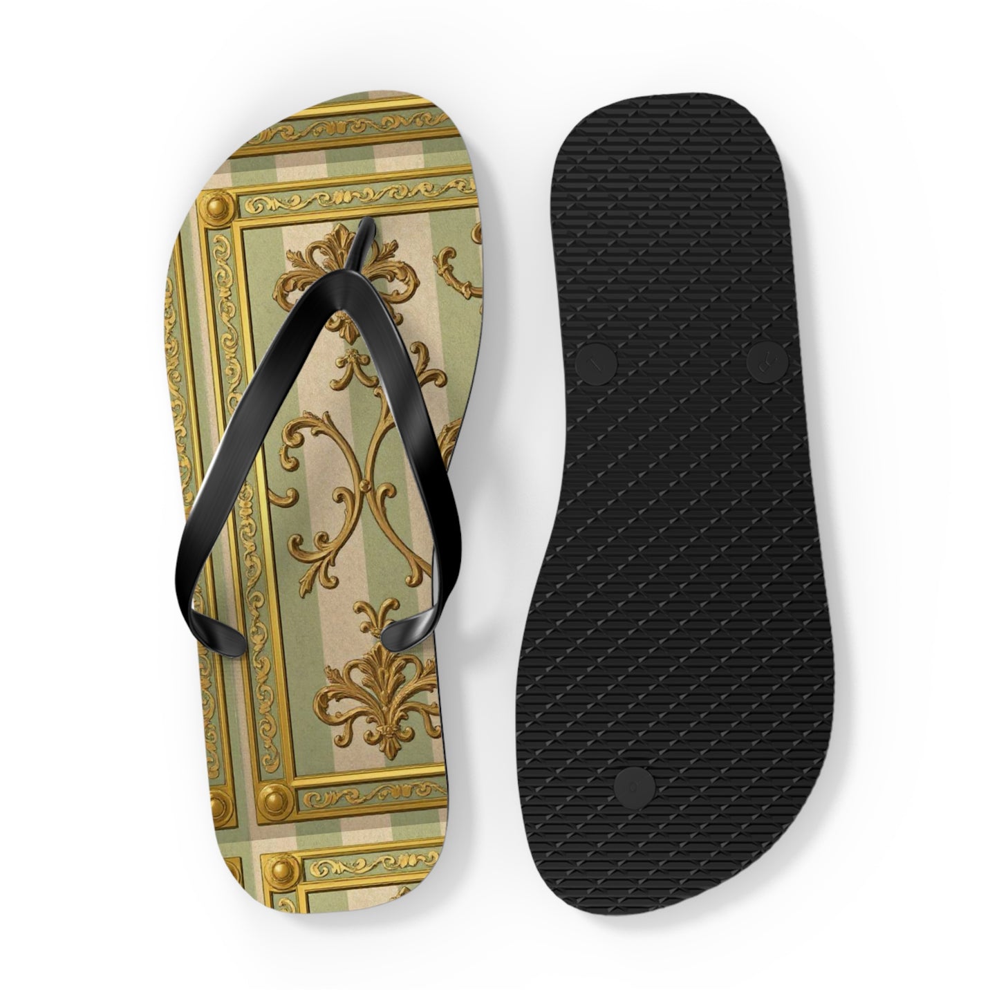 Elegant Floral Flip Flops for Summer, Beach Footwear, Stylish Sandals, Vacation Essentials, Outdoor Slip-On Shoes - Mint & Beige Striped Gold Baroque
