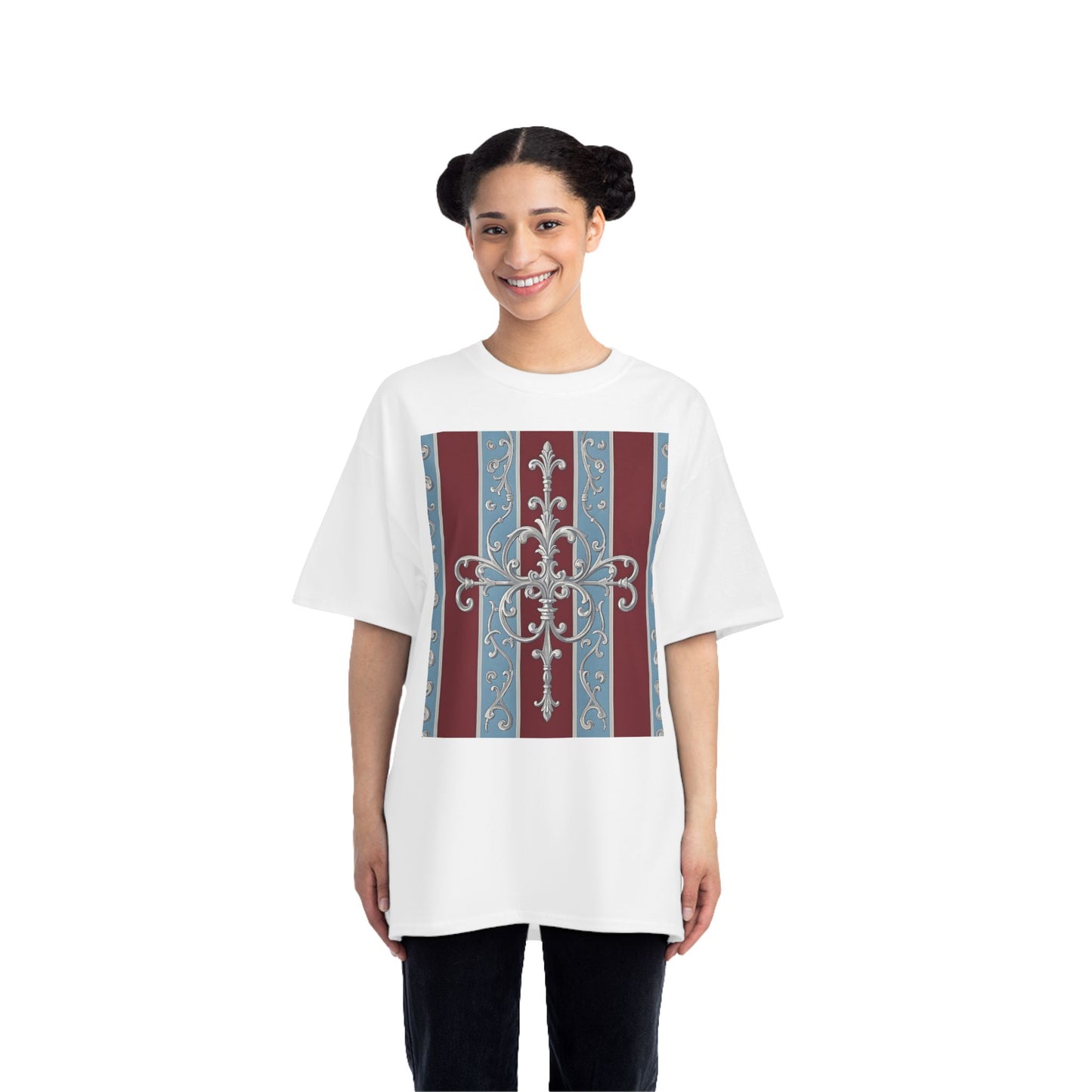 Elegant Vintage-Inspired Short-Sleeve T-Shirt, Classic Graphic Tee, Retro Style Shirt, Unisex, Casual Wear - Ice Blue & Burgundy Striped Baroque