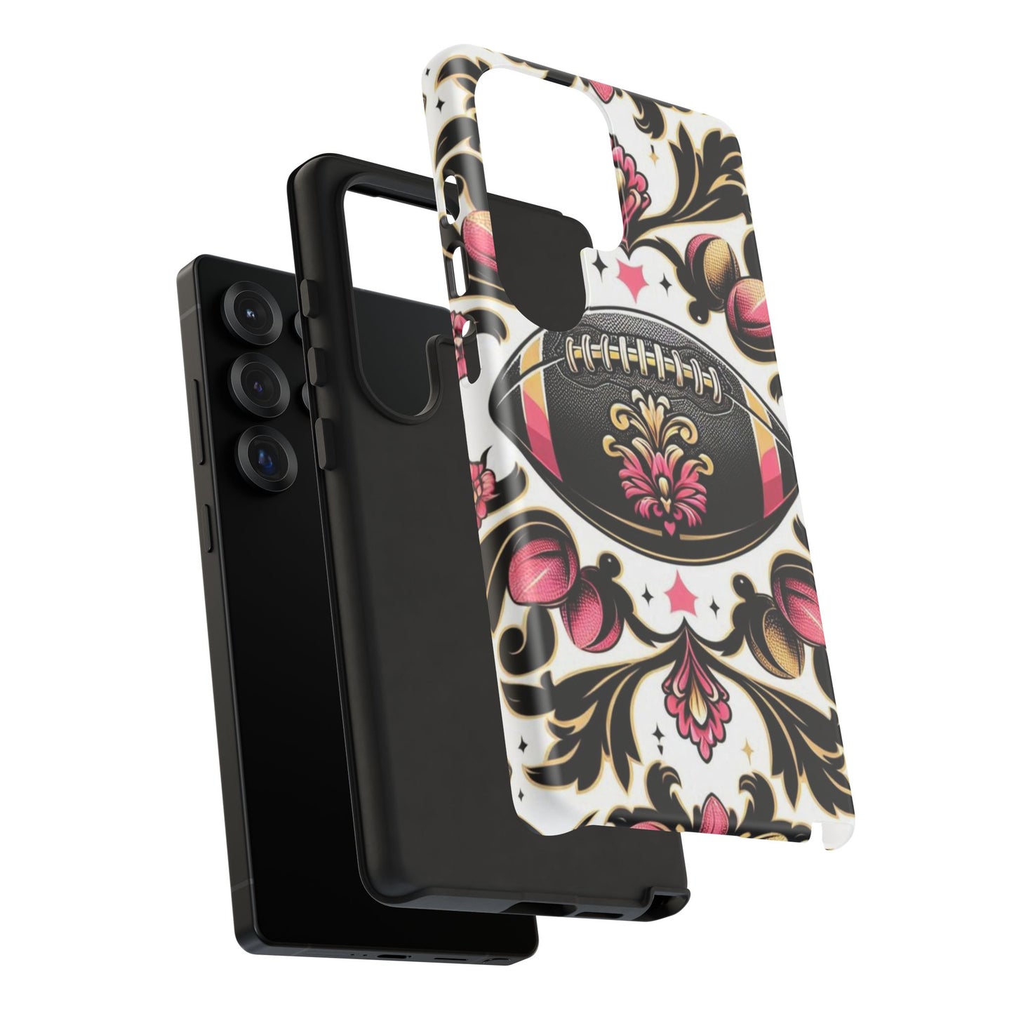 Elegant Floral Motif Phone Case - Tough Cases with Vintage Design - Damask White, Pink Gold & Black Football