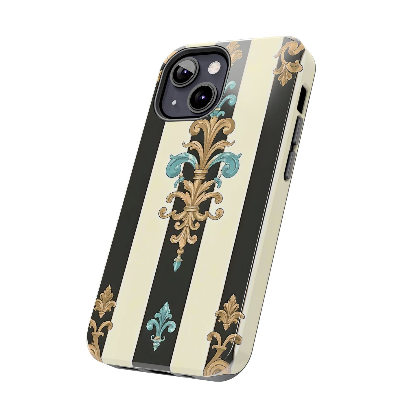 Elegant Vintage Tough Phone Cases, Stylish Phone Accessories, Quality Protection, Gifts for Her - Black Striped Turquoise & Black Rococo