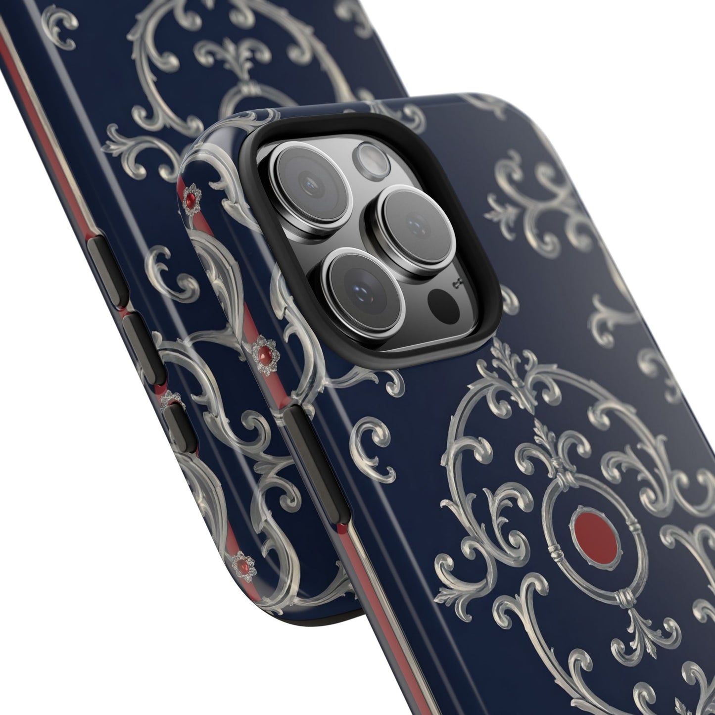 Elegant Patterned Tough Phone Cases for Stylish Protection, Gift for Her, Unique Accessories - Blue & Red Striped Silver Baroque
