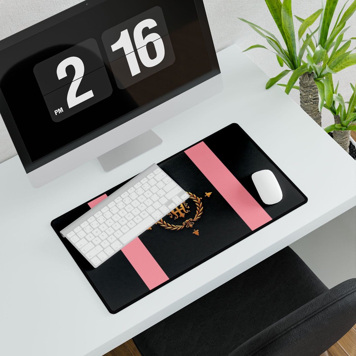 Elegant Desk Mats for Home Office, Stylish Workstation Accessories, Decorative Mouse Pads, Personalized Desk Protectors - Pink Striped Gold Crest