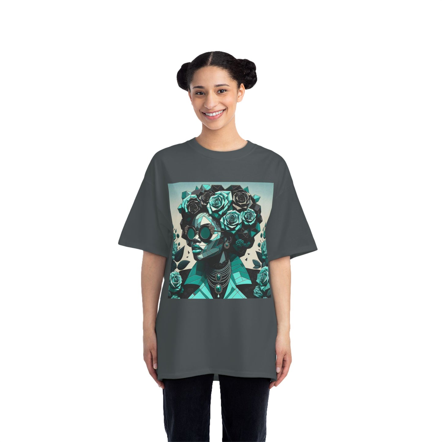Trendy Floral Graphic Tee | Artistic Short-Sleeve Shirt, Fashionable Summer Top, Chic Gift for Her - Turquoise & Black Roses Lady